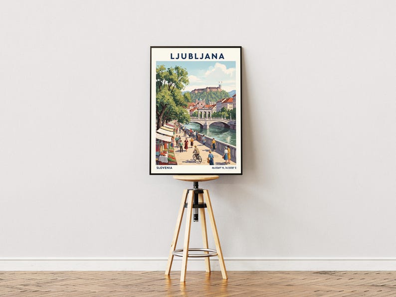 Lámina artística de Liubliana – Póster de viaje vintage de Eslovenia, escena del río imagen 4