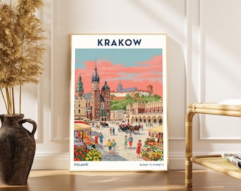 Lámina vintage de viaje de Cracovia – Arte de Polonia en rosa y verde