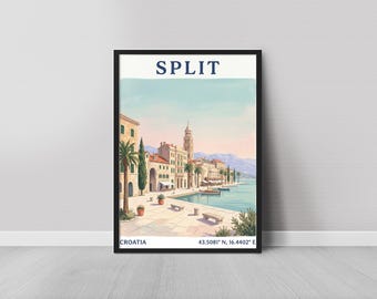 May include: A framed wall art print featuring a coastal scene of Split, Croatia. The illustration shows a waterfront promenade with palm trees, stone buildings, a bell tower, and boats on the water. The text reads SPLIT at the top and CROATIA 43.5081° N, 16.4402° E at the bottom.