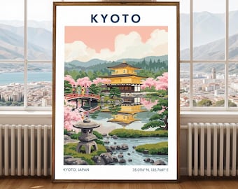 京都金閣寺のアートプリント – 日本のグアッシュ風景画
