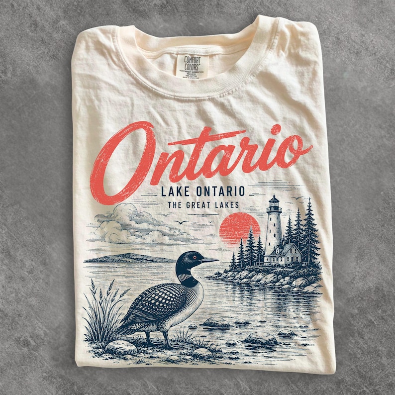 Lake Ontario Shirt, Vintage Loon Lighthouse Graphic Tee, Great Lakes Canada Wildlife Gifts, Ontario Souvenirs, Canadian Nature Lover Apparel image 1