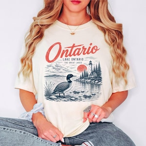 Lake Ontario Shirt, Vintage Loon Lighthouse Graphic Tee, Great Lakes Canada Wildlife Gifts, Ontario Souvenirs, Canadian Nature Lover Apparel image 2