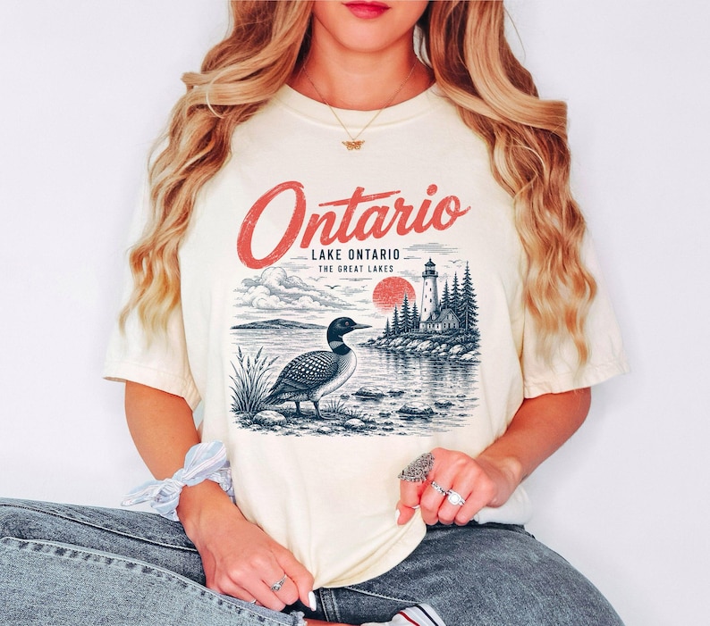 Lake Ontario Shirt, Vintage Loon Lighthouse Graphic Tee, Great Lakes Canada Wildlife Gifts, Ontario Souvenirs, Canadian Nature Lover Apparel image 2