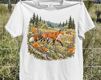 Vintage Red Fox Shirt, Wildflower Meadow Wildlife Graphic Tee, Woodland Nature T-Shirt, Fox Lover Gift, Boho Cottagecore Comfort Colors Tee