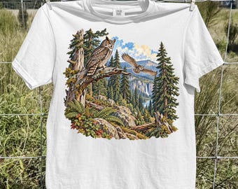 Vintage Great Horned Owl Shirt, Mountain Forest Bird Graphic Tee, Birdwatching T-Shirt, Owl Lover Gift, Rustic Outdoors Comfort Colors Tee