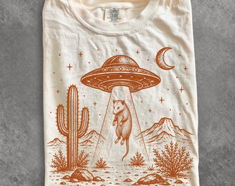 UFO Opossum Shirt, Funny Alien Abduction Wildlife Graphic Tee, Retro Sci Fi T-Shirt, Possum Lover Gift, Comfort Colors Tee, Paranormal Gift