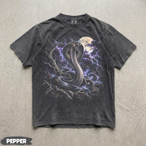 Peut inclure: Un t-shirt gris anthracite à manches courtes avec une impression graphique représentant un cobra au capuchon déployé. Le motif inclut une pleine lune, des nuages sombres et des éclairs violets. Le t-shirt a un col rond et un fini délavé.
