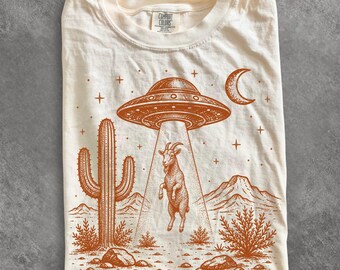 UFO Goat Shirt, Funny Alien Abduction Farm Animal Tee, Retro Sci Fi T-Shirt, Goat Lover Gift, Comfort Colors Tee, Paranormal Weirdcore Gift