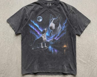 Bull Terrier Shirt, Howling Moon Dog T-Shirt, Northern Lights Graphic Tee, 90s Bull Terrier Lover Gift, Dog Mom and Dad Shirt, Dog Mom Shirt