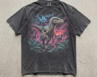 Camiseta de Velociraptor de los 90, Camiseta de dinosaurio Raptor, Gráfico de relámpagos en la jungla prehistórica, Regalo para amantes de los dinosaurios, Regalo para profesores, Camiseta gráfica para el aula