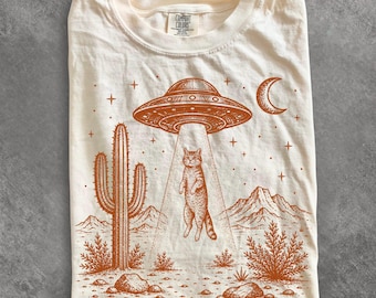 UFO Cat Shirt, Funny Alien Abduction Pet Graphic Tee, Retro Sci Fi T-Shirt, Cat Lover Gift, Comfort Colors Tee, Paranormal Weirdcore Gift