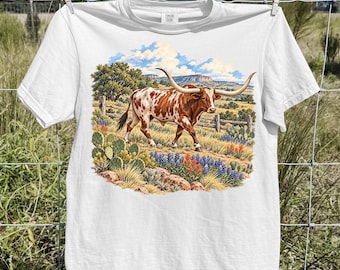 Vintage Texas Longhorn Shirt, Western Cattle Desert Graphic Tee, Rustic Ranch T-Shirt, Cow Lover Gift, Rustic Cowboy Comfort Colors Tee