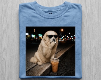 Great Pyrenees Shirt, Funny Great Pyrenees Dog T-Shirt, Iced Coffee Graphic Tee, Sunglasses Dog Lover Gift, Dog Mom Shirt, Iced Coffee Shirt