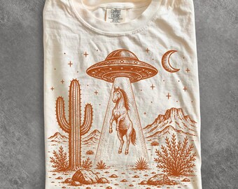 UFO Horse Shirt, Western Alien Abduction Graphic Tee, Retro Sci Fi T-Shirt, Horse Lover Gift, Comfort Colors Tee, Paranormal Western Gift