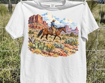 Vintage Cowboy Horse Shirt, Western Desert Riding Graphic Tee, Southwestern Ranch T-Shirt, Horse Lover and Rancher Gift, Comfort Colors Tee