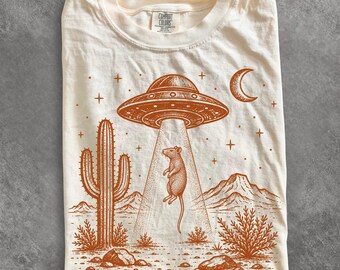 UFO Rat Shirt, Funny Alien Abduction Pet Graphic Tee, Retro Sci Fi T-Shirt, Rat Lover Gift, Comfort Colors Tee, Paranormal Weirdcore Gift