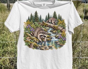Vintage Raccoon Shirt, Forest Creek Wildlife Graphic Tee, Woodland Nature T-Shirt, Raccoon Lover Gift, Boho Cottagecore Comfort Colors Tee