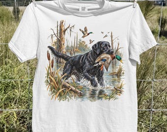 Camiseta de caza de patos Black Lab, camiseta retro con estampado de Labrador Retriever, regalo para cazadores de aves acuáticas, camiseta para perros de caza, regalo para papá deportista al aire libre