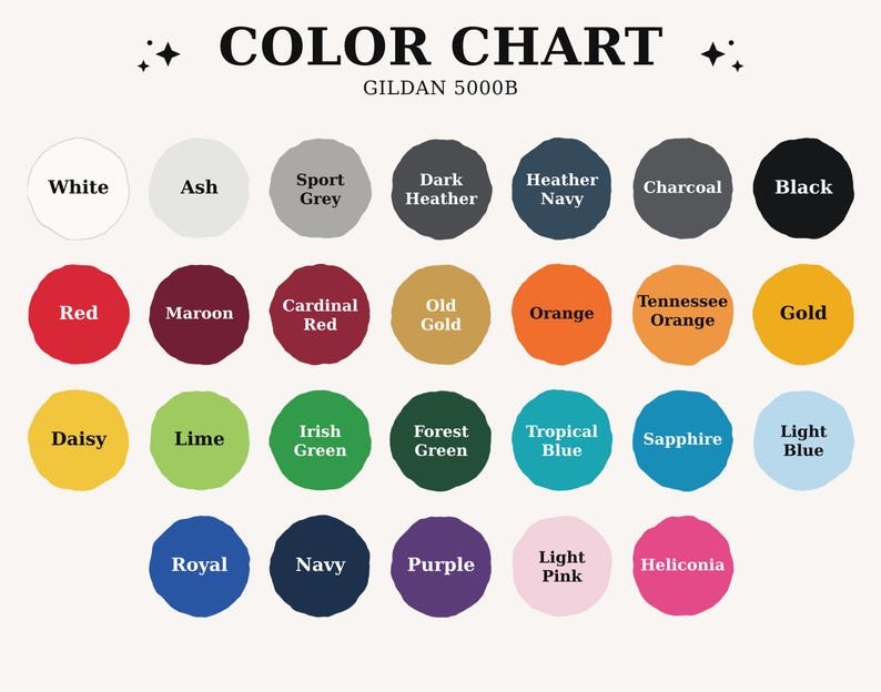 May include: A Gildan 5000B color chart featuring twenty-eight circular swatches labeled with color names including White, Ash, Sport Grey, Dark Heather, Heather Navy, Charcoal, Black, Red, Maroon, Cardinal Red, Old Gold, Orange, Tennessee Orange, Gold, Daisy, Lime, Irish Green, Forest Green, Tropical Blue, Sapphire, Light Blue, Royal, Navy, Purple, Light Pink, and Heliconia.