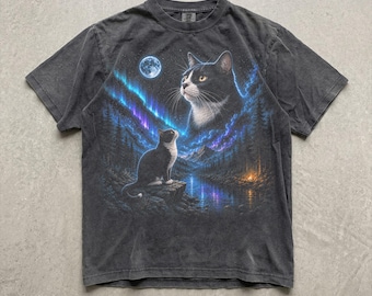 Tuxedo Cat Shirt, Moon Cat T-Shirt, Northern Lights Graphic Tee, 90s Cat Lover Gift, Cat Mom Shirt, Comfort Colors Tee, Casual Graphic Shirt