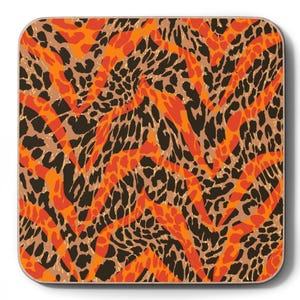 Abstract Leopard Print Hardboard Coaster, Orange Black Animal Texture Drink Mat (3.5" x 3.5")