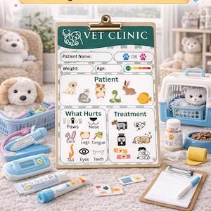 Puede incluir: Un juego de almohadilla imprimible para ni&ntilde;os con el tema de la cl&iacute;nica veterinaria. El juego incluye una carpeta con un formulario de cl&iacute;nica veterinaria, herramientas m&eacute;dicas de juguete y un transport&iacute;n para mascotas. El texto dice "Printable Play Pad Set: 7 Fun Imagination Games for Kids!"