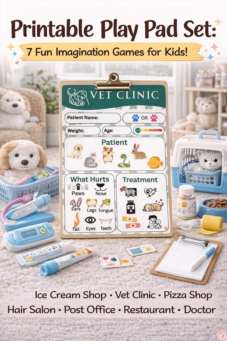 Puede incluir: Un juego de almohadilla imprimible para ni&ntilde;os con el tema de la cl&iacute;nica veterinaria. El juego incluye una carpeta con un formulario de cl&iacute;nica veterinaria, herramientas m&eacute;dicas de juguete y un transport&iacute;n para mascotas. El texto dice "Printable Play Pad Set: 7 Fun Imagination Games for Kids!"