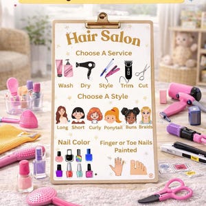 Puede incluir: Un juego de almohadilla imprimible para ni&ntilde;os, con el tema de una peluquer&iacute;a. El juego incluye una carpeta con ilustraciones de servicios de peluquer&iacute;a, peinados y colores de u&ntilde;as. Se ven accesorios de juego adicionales.