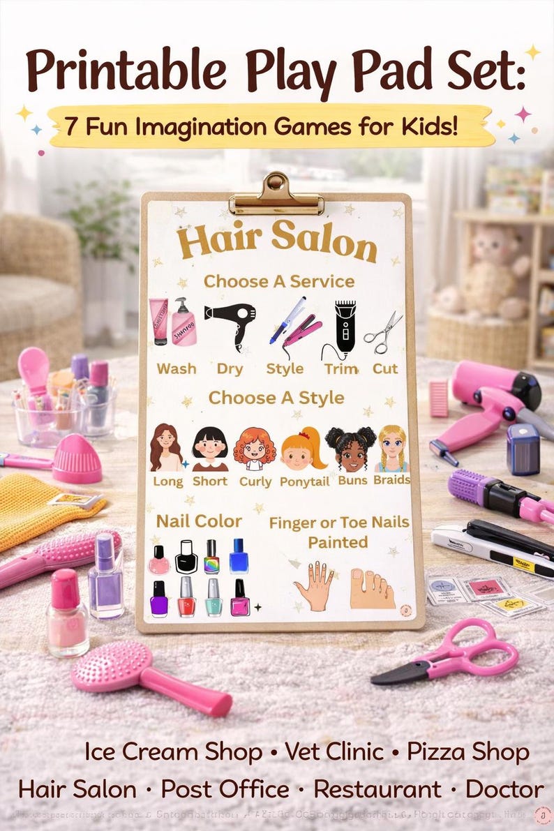 Puede incluir: Un juego de almohadilla imprimible para ni&ntilde;os, con el tema de una peluquer&iacute;a. El juego incluye una carpeta con ilustraciones de servicios de peluquer&iacute;a, peinados y colores de u&ntilde;as. Se ven accesorios de juego adicionales.