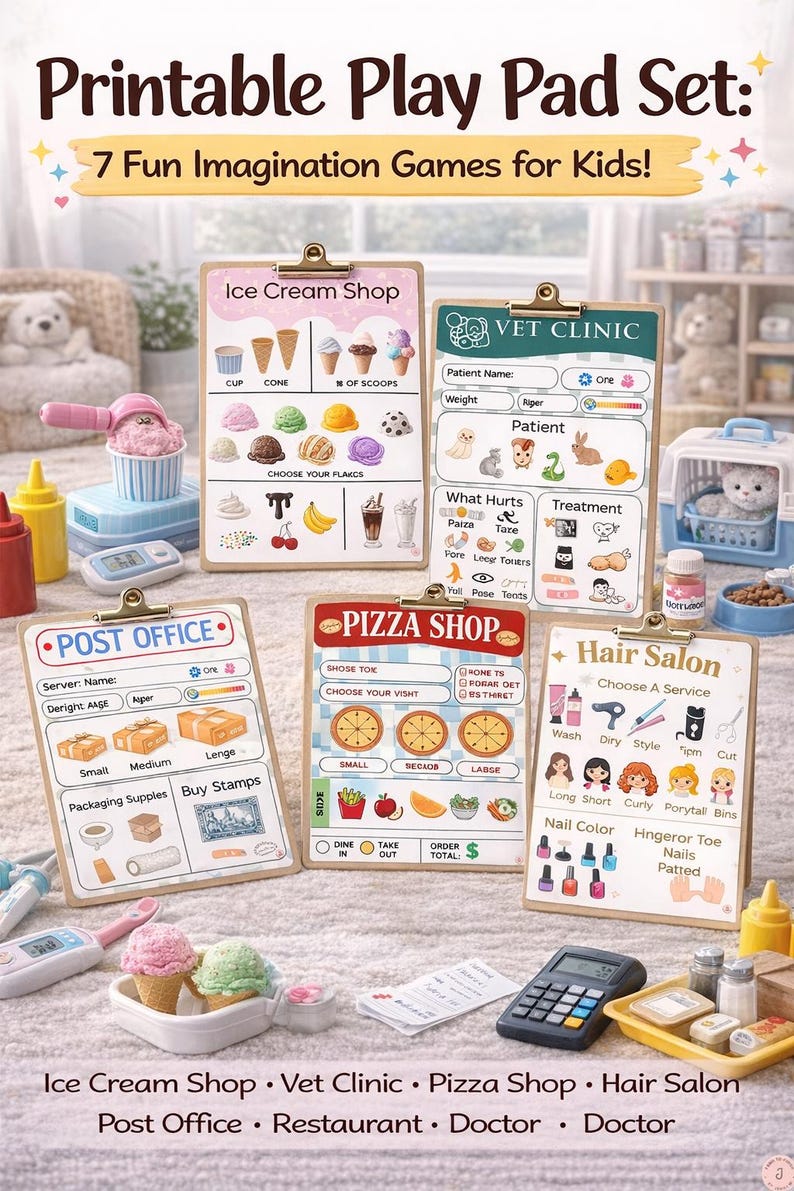Puede incluir: Un conjunto de blocs de notas imprimibles para ni&ntilde;os, con siete divertidos juegos de imaginaci&oacute;n. Los blocs incluyen una helader&iacute;a, una cl&iacute;nica veterinaria, una pizzer&iacute;a, una peluquer&iacute;a, una oficina de correos, un restaurante y un consultorio m&eacute;dico. Ilustraciones coloridas.