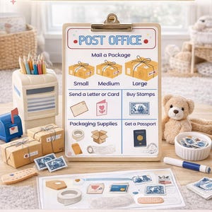 Puede incluir: Un juego de Post Office Play Pad para ni&ntilde;os, con una pizarra con el texto "Post Office" e ilustraciones de servicios postales. Incluye buzones de juguete, paquetes, sellos y un oso de peluche. Texto: "&iexcl;Descarga instant&aacute;nea!"