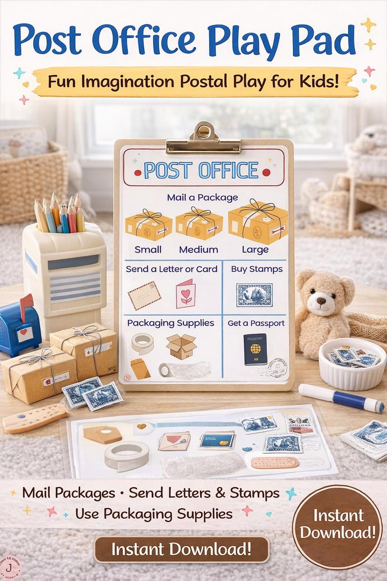Puede incluir: Un juego de Post Office Play Pad para ni&ntilde;os, con una pizarra con el texto "Post Office" e ilustraciones de servicios postales. Incluye buzones de juguete, paquetes, sellos y un oso de peluche. Texto: "&iexcl;Descarga instant&aacute;nea!"