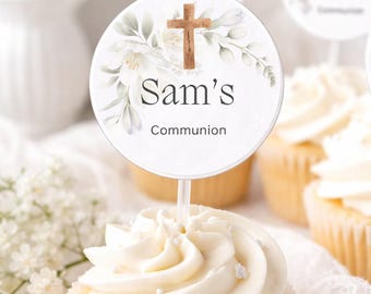 Adornos personalizados para cupcakes de Primera Comunión, cruz floral (descarga digital)