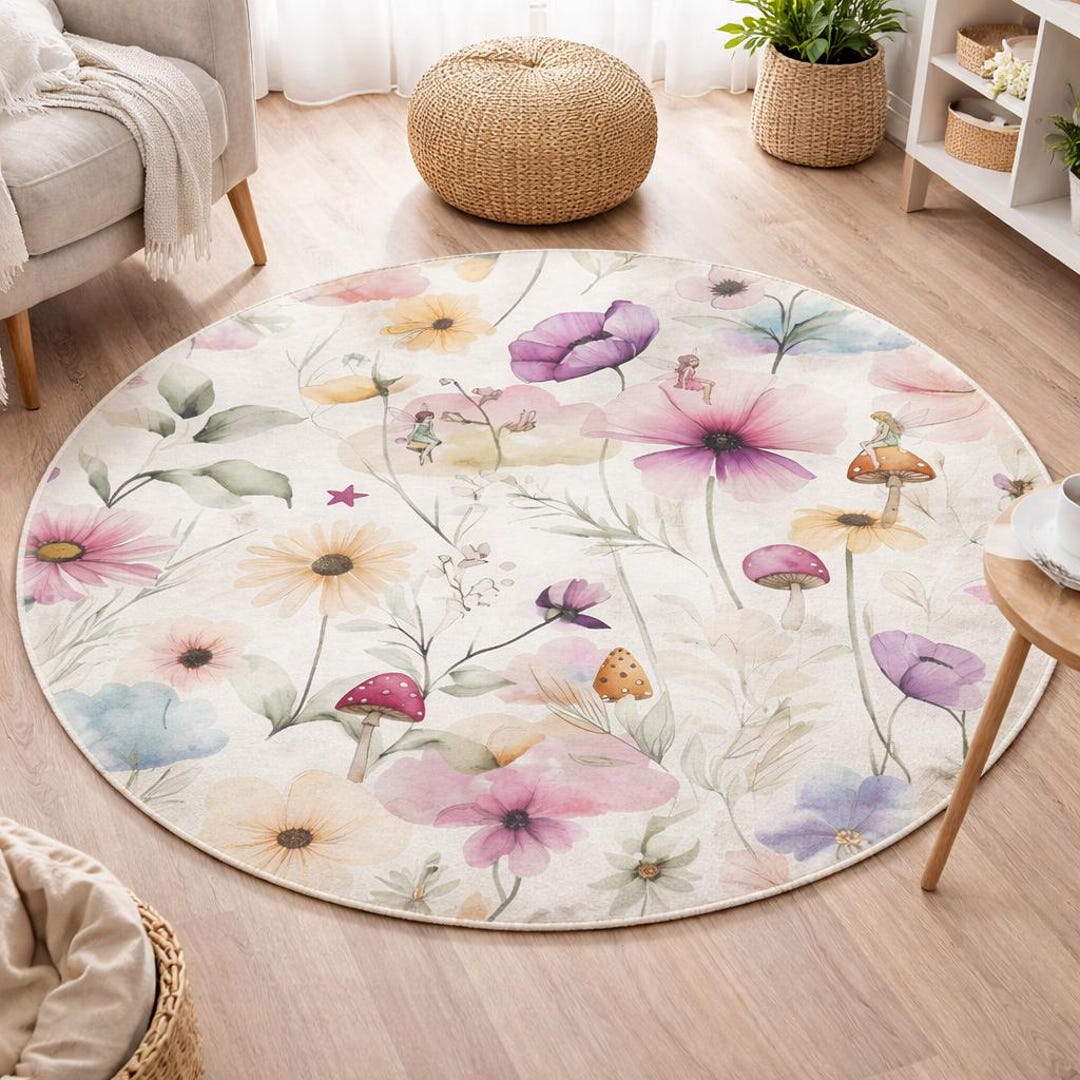 Fairy Rug Round Floral Mushroom Round Rug, Pastel Whimsical Folk Art - Etsy