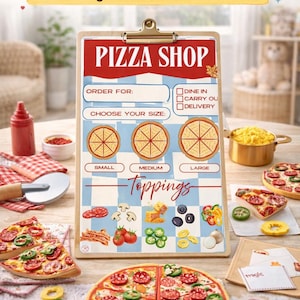 Puede incluir: Un juego imprimible con tem&aacute;tica de pizzer&iacute;a. El juego incluye un men&uacute; de pizzer&iacute;a con opciones de tama&ntilde;o y coberturas. La imagen tambi&eacute;n muestra porciones de pizza e ingredientes. El texto dice 'Pizza Shop'.