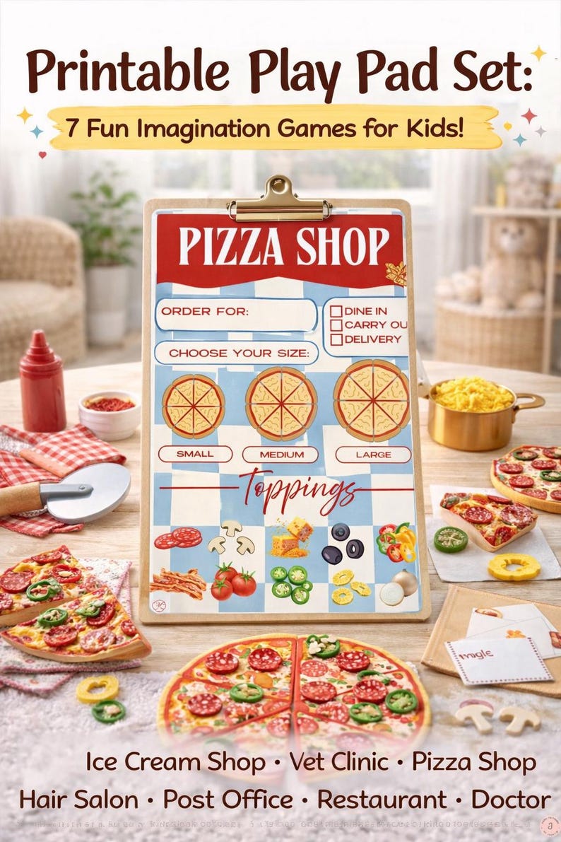 Puede incluir: Un juego imprimible con tem&aacute;tica de pizzer&iacute;a. El juego incluye un men&uacute; de pizzer&iacute;a con opciones de tama&ntilde;o y coberturas. La imagen tambi&eacute;n muestra porciones de pizza e ingredientes. El texto dice 'Pizza Shop'.