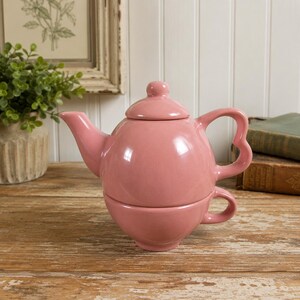 Pink stackable teapot and cup – tea set for one person – Tea for One
