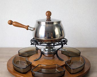 Vintage fondueset van hout en roestvrij staal – Draaiplateau (Lazy Susan) – Gerookte kommen – Gemaakt in Japan – jaren 70