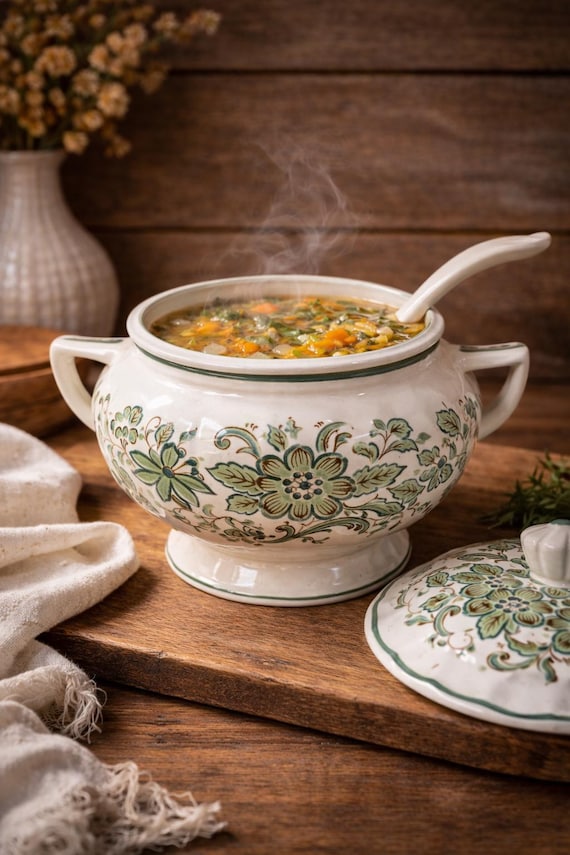 Große, grüne Vintage-Suppenterrine aus Porzellan mit Blumenmuster, Deckel und Schöpfkelle – Retro-Suppenset im Shabby-Chic-Stil für die dekorative Küche