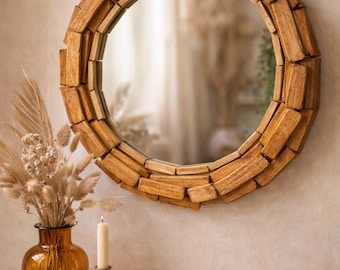 Miroir rond vintage en bois – Cadre bois rustique – Miroir mural style bohème – Décor maison chaleureux – Style mid century