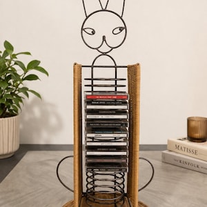 Vintage rattan and metal CD holder, original CD rack with rabbit head, retro 90s storage, unique eclectic decor