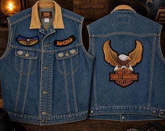 Chaleco vaquero vintage Harley-Davidson H.O.G. 1994–1996 – Talla M – Chaleco vaquero de motorista con parches y pines de época – Años 90