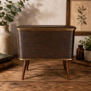 May include: A dark brown vintage sewing box with a gold trim, set on four wooden legs. The box has a rectangular shape with a padded top. The sewing box is a classic piece of home decor.