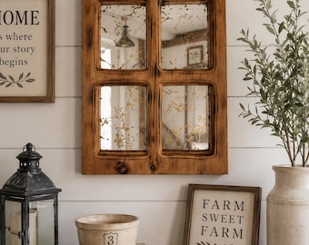 Vintage wooden wall mirror frame – rustic farmhouse style window mirror – country chalet wall decor