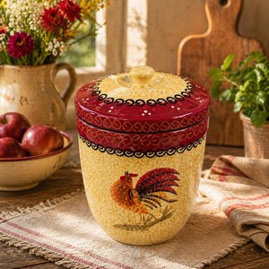 May include: A ceramic kitchen storage jar with a lid, decorated with a rooster motif. The jar has a yellow base, a red band, and a yellow lid. The rooster is illustrated in orange and brown. The jar rests on a rustic linen cloth.