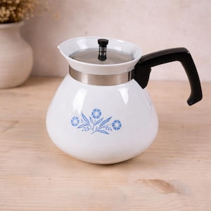 Corning Ware Vintage 6-Cup Coffee Maker P-104 – Blue Cornflower Pattern – Retro Glass Coffee Maker