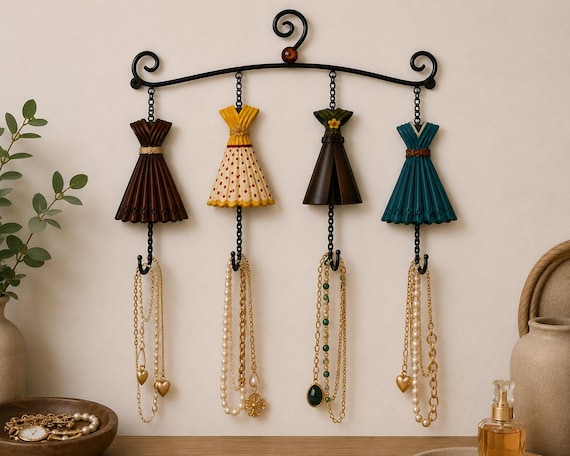 metal dress jewelry holder Vintage Metal Wall-mounted Jewelry Holder – 4 Dresses With Decorative Hooks