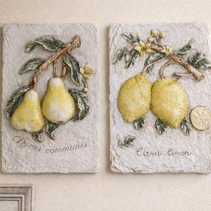 Vintage Botanical Wall Plaques Set – Pear & Lemon Relief – Rustic Fruit Wall Decor – Cottage Kitchen Wall Art – Botanical Plaques