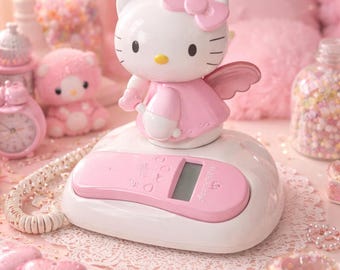 以下が含まれることがあります： デジタルディスプレイを備えたピンクと白のハローキティの体重計。体重計には、ピンクのドレスとリボンを着たハローキティのフィギュアが描かれています。背景には、ランプ、目覚まし時計、ハート型の箱など、他のピンク色の装飾品が含まれています。