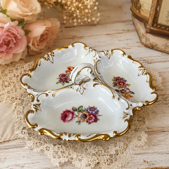 Vintage Servierschale mit Fächern aus feinem ostdeutschem Porzellan, rosa-goldenes Blumenmuster, mit zentralem Griff